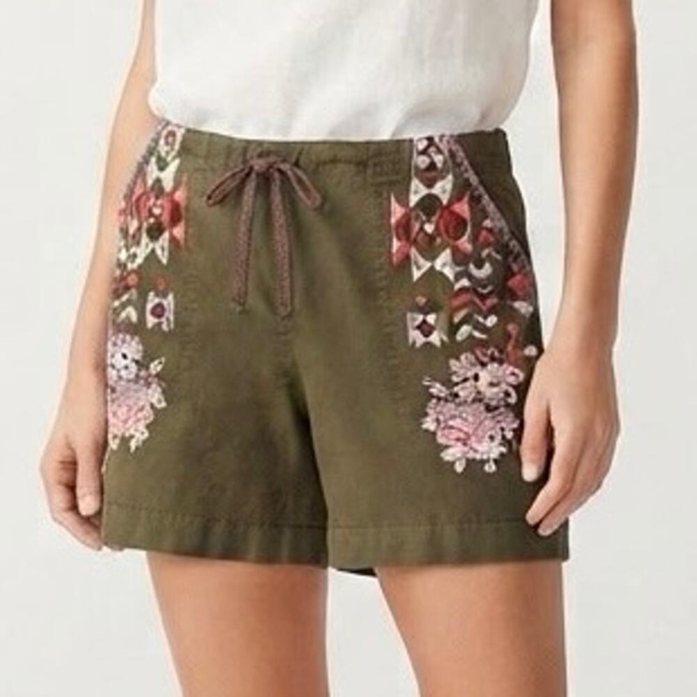 Driftwood Trevor Olive Green Embroidered Floral Linen Blend Shorts Size S Small
